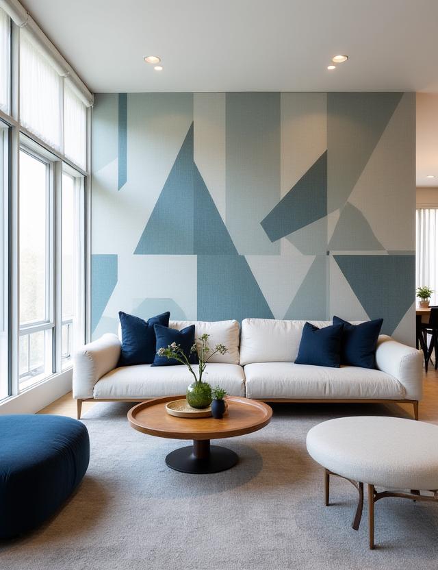 Salotto moderno con carta da parati geometrica Alba Scura.